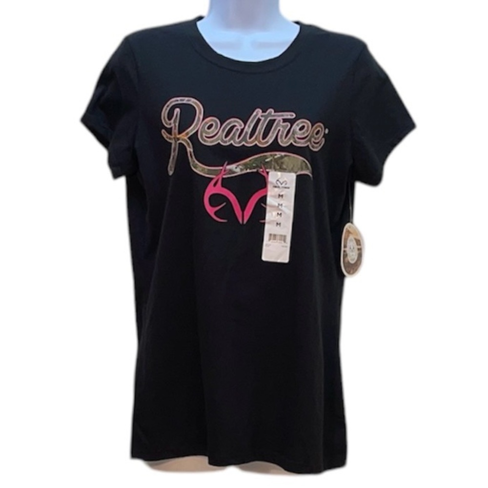 REALTREE Women's Size Medium‎ Black Short Sleeve Pink Antlers/Camo T-Shirt NWT